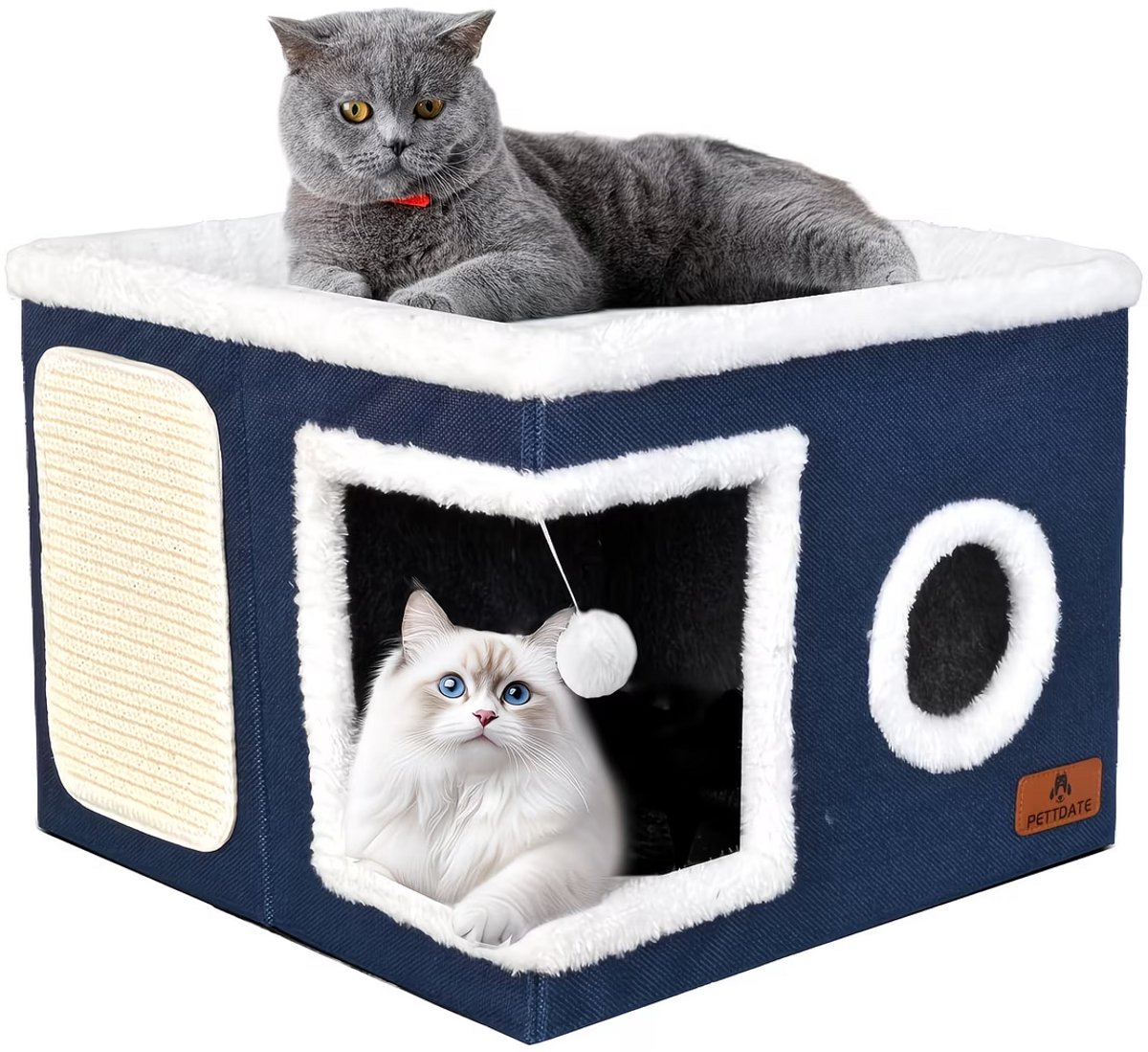 NordPaw® Kattenhuis met Krabplank - Opvouwbaar Kattenbed - Kattenkubus met Speelbal - 2-Laags Kattenhuis - Donkerblauw