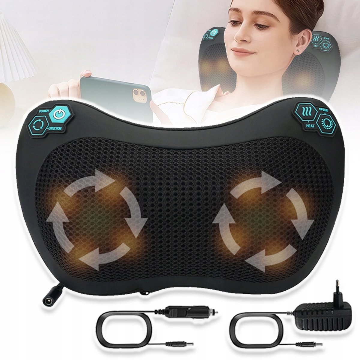 Massagekussen Met 8 Rollende Noppen - 3 Intensiteitsniveaus Rotatie in Twee Richtingen - Elastische Band Automatische Uitschakeling - Diepe Kneedmassage Voor Rug Nek Schouders En Benen - Zwart