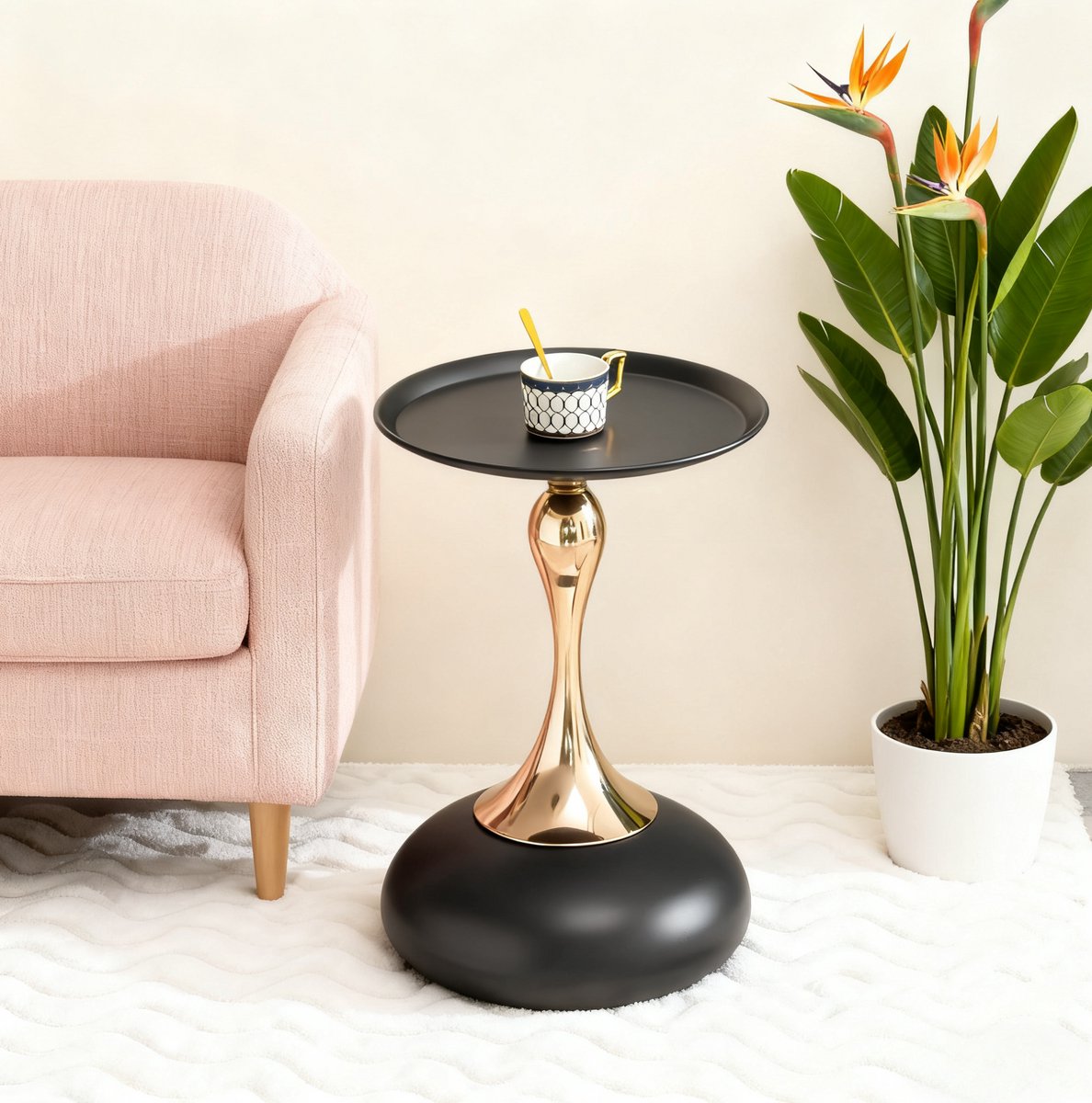 HAUSS SPOLE Bijzettafel - Ronde Metalen Tafel Met Blad En Stevige Voet - Voor Woonkamer Slaapkamer En Balkon - Koolstofstaal - 38 x 54 Cm - Zwart Goud