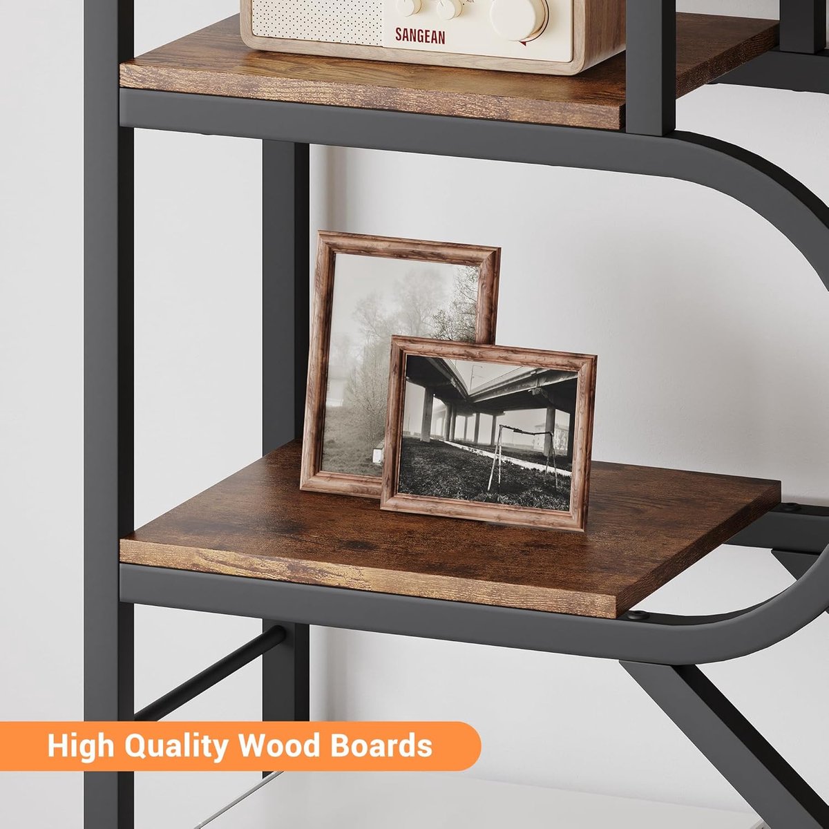 Boekenkast-gebogen metalen frame- modern design en meerdere niveaus- voor woonkamer- slaapkamer en kantoor- zwart- 76 x 30 x 208 cm