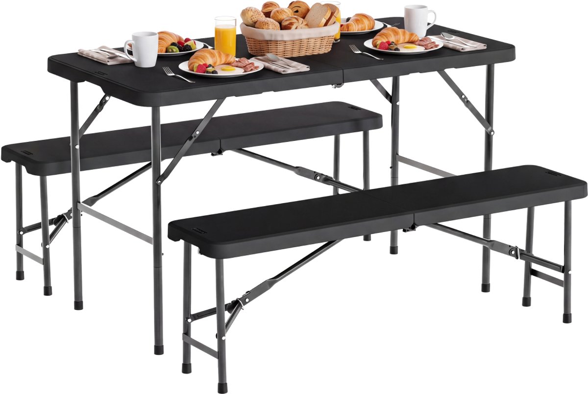 LifeGoods Inklapbare Picknickset - 124cm x 61,5cm - Tuintafel met 2 Banken - Weerbestendig - Campingtafel - Biertafel Opklapbaar - Voor Binnen en Buiten - Voor 4 tot 6 Personen - Zwart