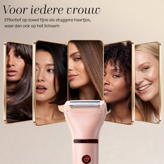 Vijf portretten van vrouwen met verschillende huid- en haarkleuren, met een roze ladyshave.