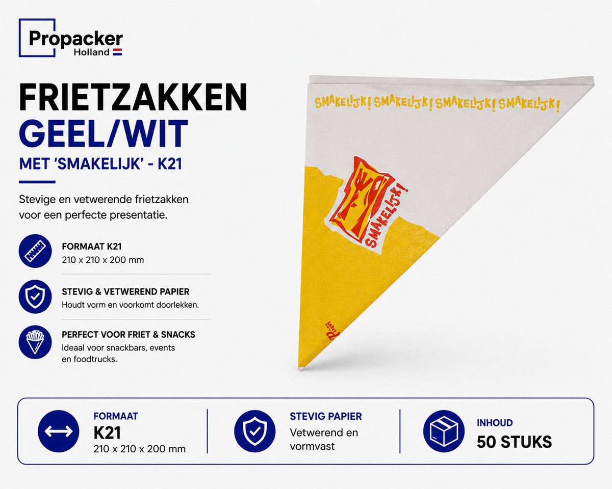 Propacker Frietzakken K21 - 50 Stuks - Geel/Wit 'Smakelijk' - Papieren Patatzakken - Vetwerend - Voor Snackbar, Horeca & Foodtruck