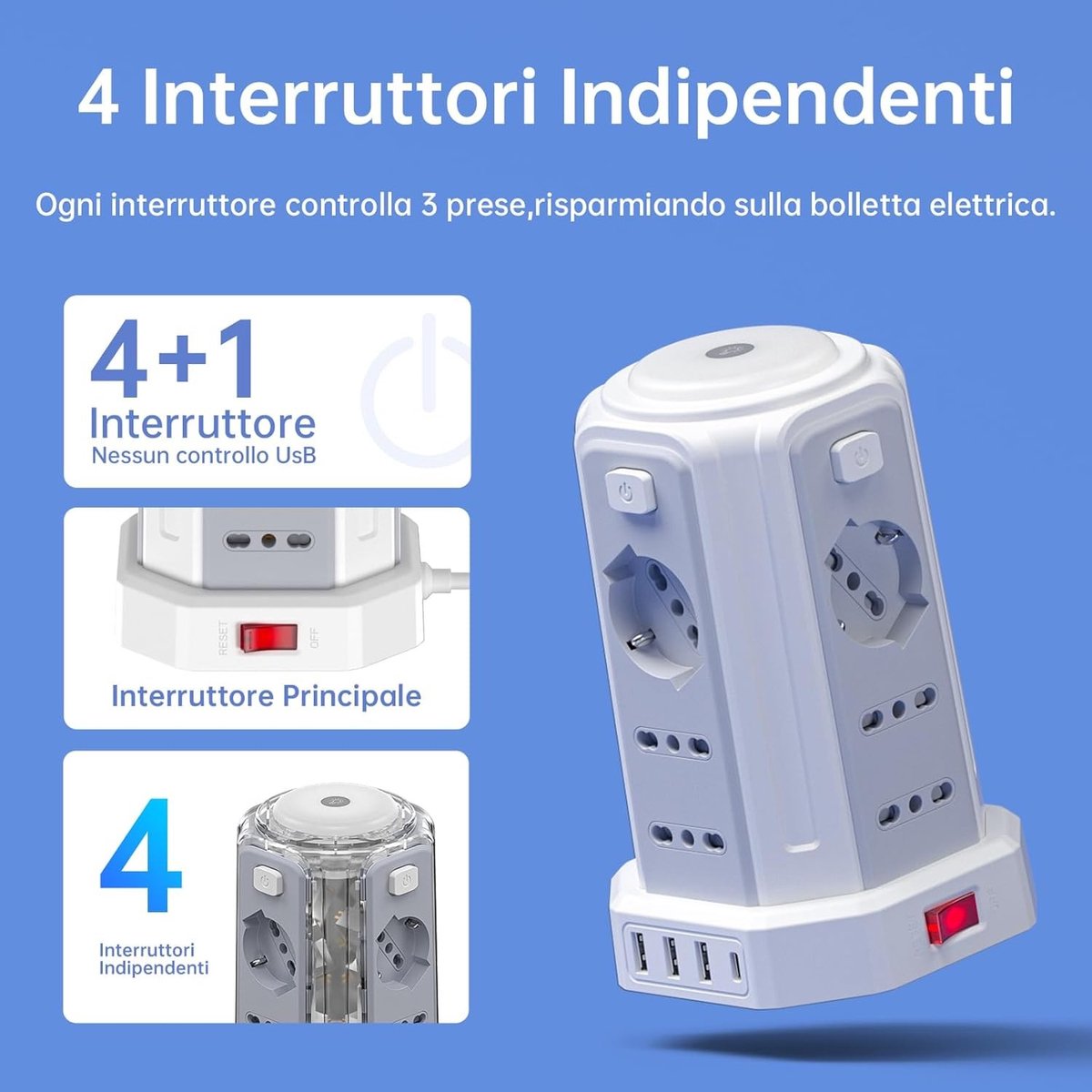 Meervoudige Stekkerdoos - Vuurvast Materiaal - 12 Universele Stopcontacten - 3 USB A + 1 USB C - Voor Thuis en Kantoor