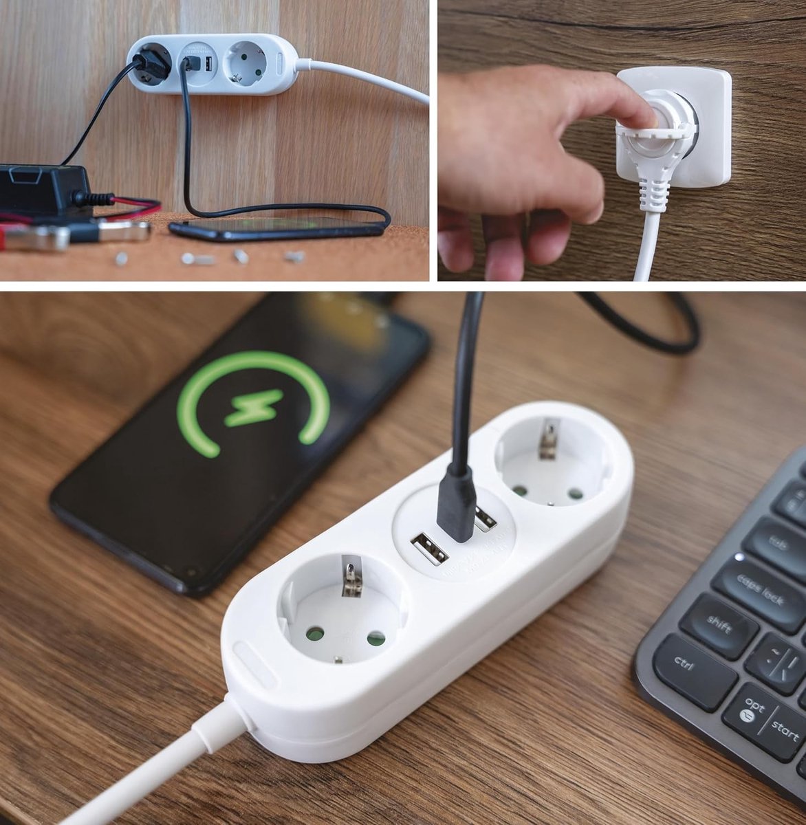 Stekkerdoos met USB - PVC - 1,5 Meter Verlengkabel - 3 USB-poorten - Voor Binnengebruik