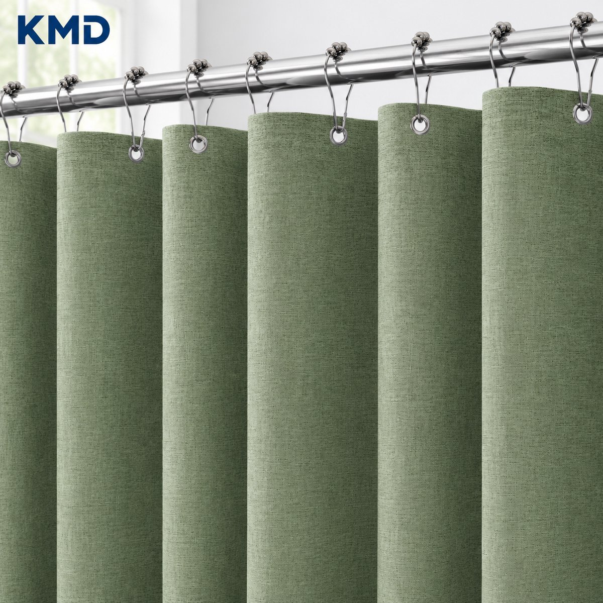 KMD Linnen Textuur Douchegordijn Waterdicht - Anti-schimmel Zwaar Badgordijn met Metalen Ringen - 275 x 182 cm (Groen)