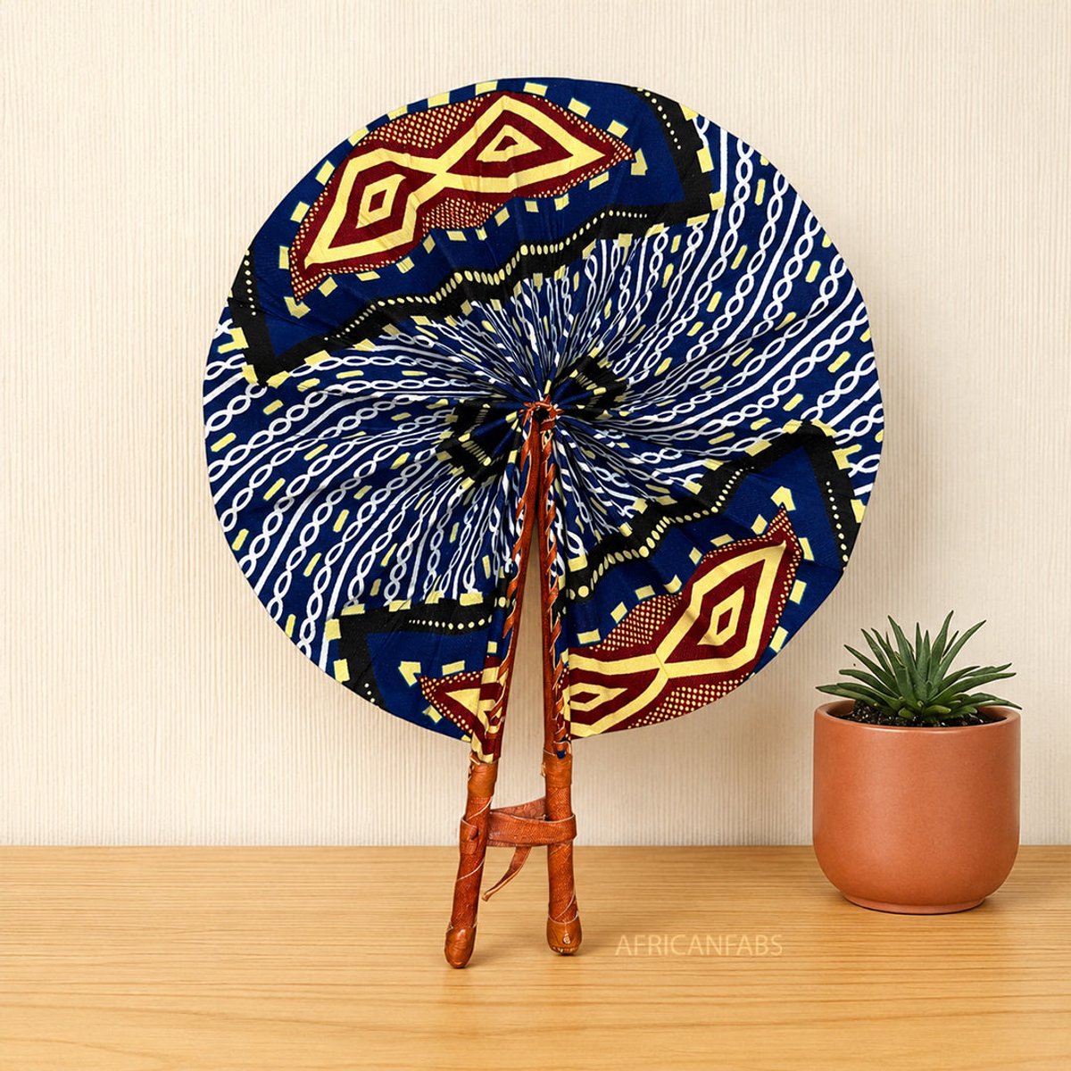 Afrikaanse handwaaier - Ankara print waaier - Blauw Crème Afful