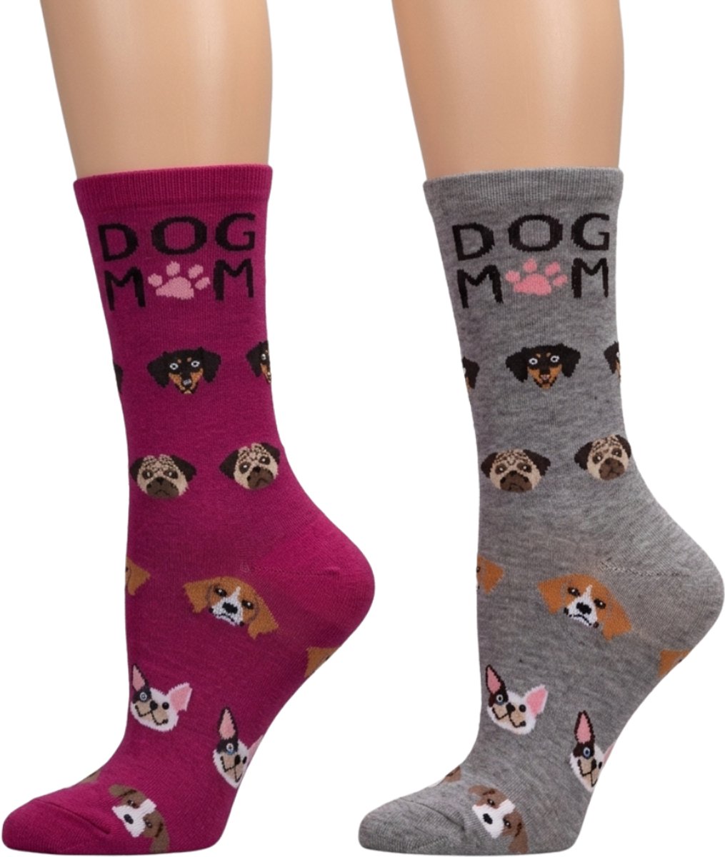Dog Mom Bamboo Dames Crew Sokken - 2 Paar - Festival Fuchsia / Med Gray Heather - Maat (9-11)