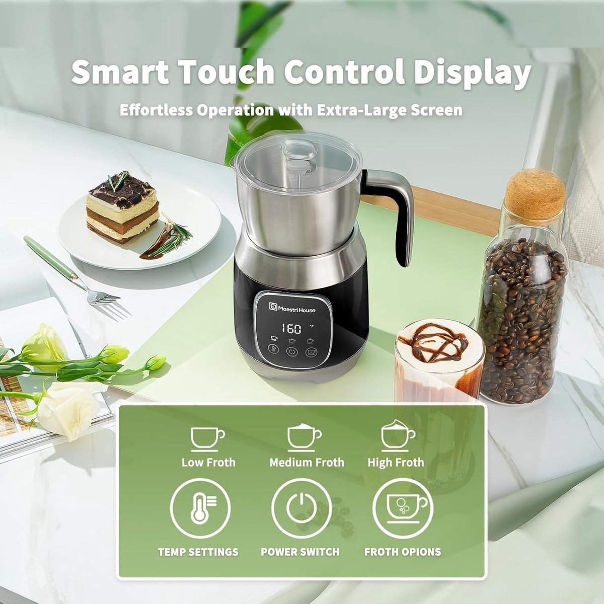 Elektrische Melkopschuimer 600 ml - Automatische Melkopschuimer met Instelbare Temperatuur en Schuimsterkte - Smart Touch voor Latte, Cappuccino en Chocolademelk — cadeau in Kookcadeaus - foto 4