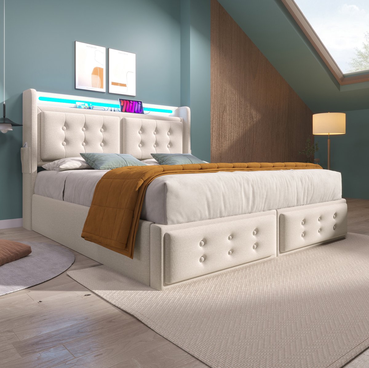 MEUNIQ gestoffeerd tweepersoonsbed 160x200 met LED-hoofdbord, USB-C en stopcontacten, opbergruimte met hydraulische lattenbodem, beige bed voor slaapkamer