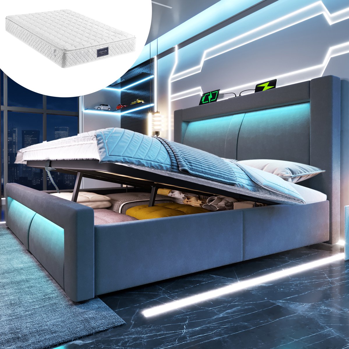 MEUNIQ tweepersoons bed 140x200 cm met opbergruimte, hydraulisch bed met LED-verlichting, USB en Type-C, velvet look, inclusief matras, grijs