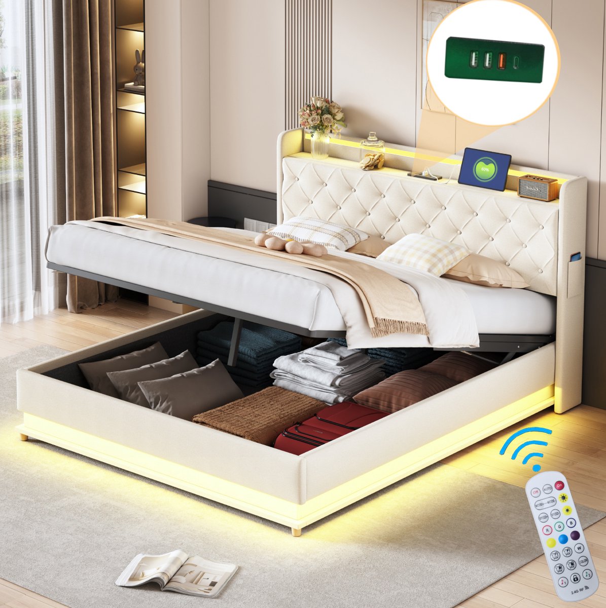 MEUNIQ tweepersoons LED bed 160 x 200 cm met USB-laadpoort, hydraulische opbergruimte en metalen lattenbodem voor slaapkamer, beige
