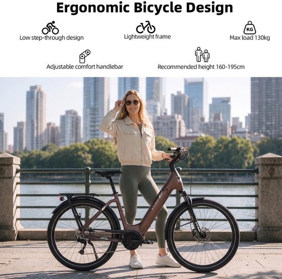 Elektrische Fiets TTGO Z5 - 250W MiddenMotor Stadsfiets - 36V18Ah Accu - 27.5 Inch Banden - Max Snelheid 25km/u - Max Bereik 110-130km - Shimano 9 Versnellingen - Bruin — afbeelding 4