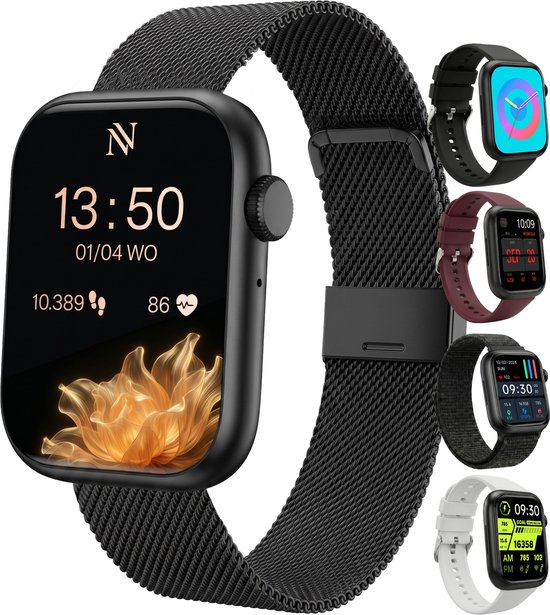 Een zwarte smartwatch met een milanese band. Op de wijzerplaat staat de tijd 13:50, datum 01/04 WO, stappen 10.389 en hartslag 86. Vier kleinere horloges tonen andere wijzerplaten.