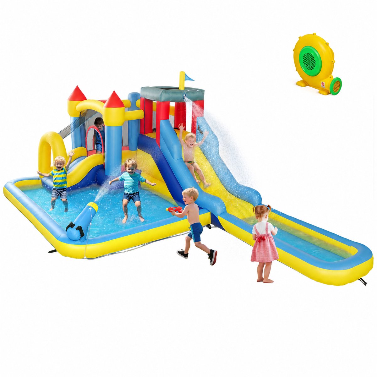 TEKROA® Springkussen - springkasteel met blower - waterpark - glijbanen - trampoline - klimwand - kanon - basketbalring