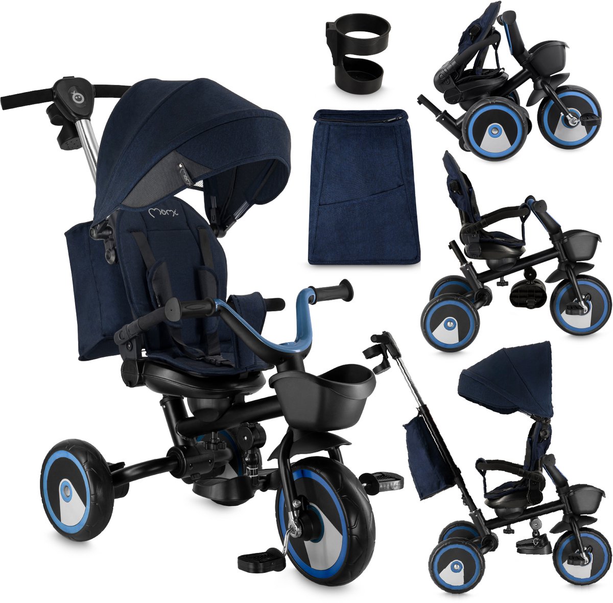 MoMi IVI - Driewieler met Duwstang - Omkeerbare Zitting - Opvouwbaar - Donkerblauw