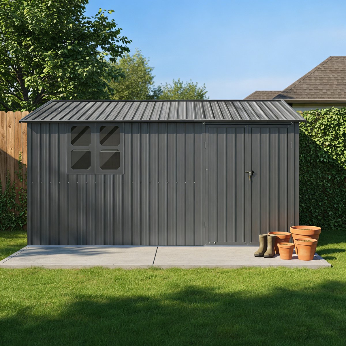 Metalen Opbergschuur Tuinhuis 10,34m² - Tuinberging met Werkbank, Raam, Slot & Planken - Weerbestendig