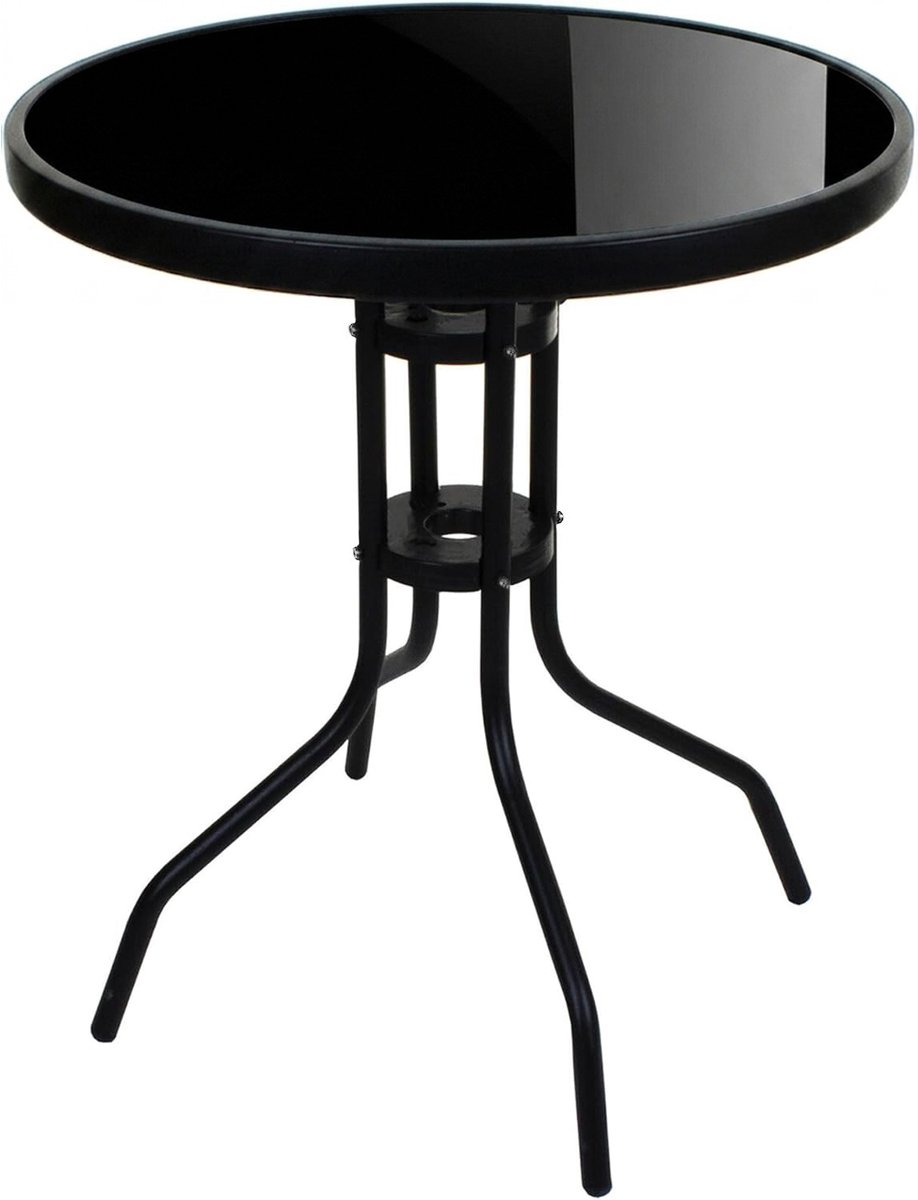Ronde tuintafel ISLAND - 60 cm - Zwart gehard glazen blad - Zwart metalen frame