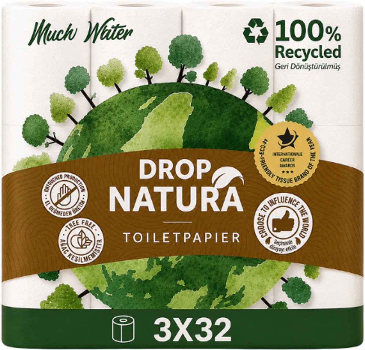 DROP Natura - 3x32 rollen toiletpapier - 96 Rollen - Ultiem comfort WC Papier, Superieure sterkte, Maximale absorptie & Pluisvrij - Voordeelverpakking WC Papier
