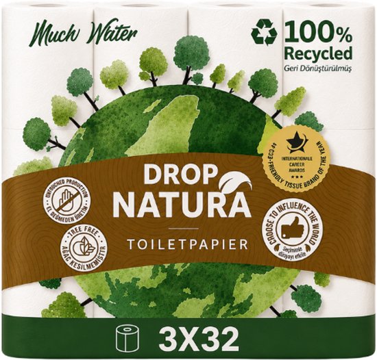 Verpakking van 3 rollen Drop Natura toiletpapier van 32 stuks. Met afbeelding van de aarde en bomen. 100% gerecycled.