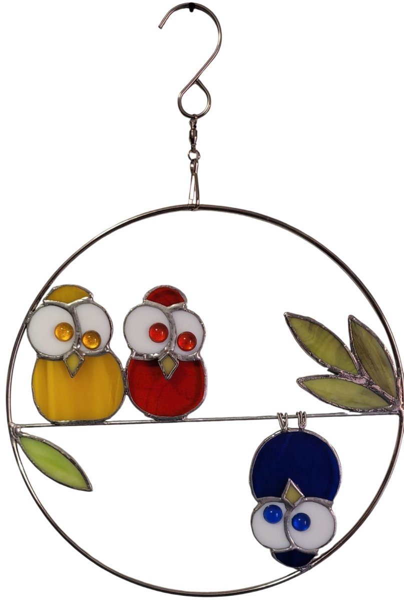 mm deco gekke uiltjes tiffany raamdecoratie -20x29 cm - rood geel blauw - glas - handgemaakt elk object is uniek