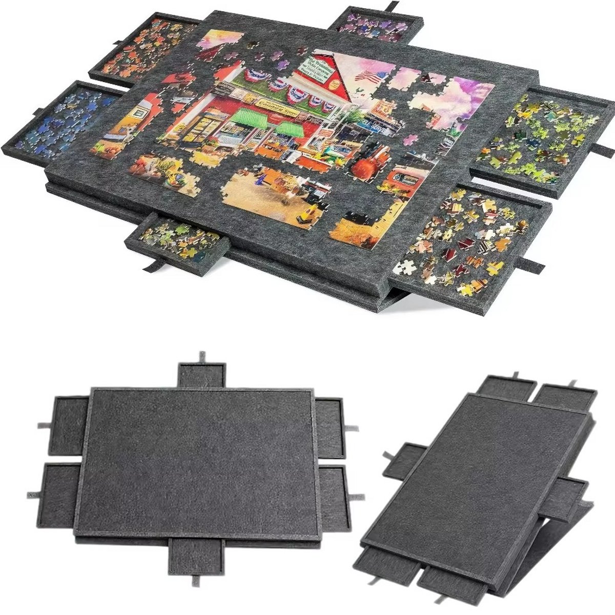 JOYNEXTBUY - 2-in-1 Kantelbaar Puzzelbord voor 1000 Stukjes – Puzzeltafel met 6 Sorteerlades – Draagbaar Vilten Puzzelbureau met Opbergsysteem