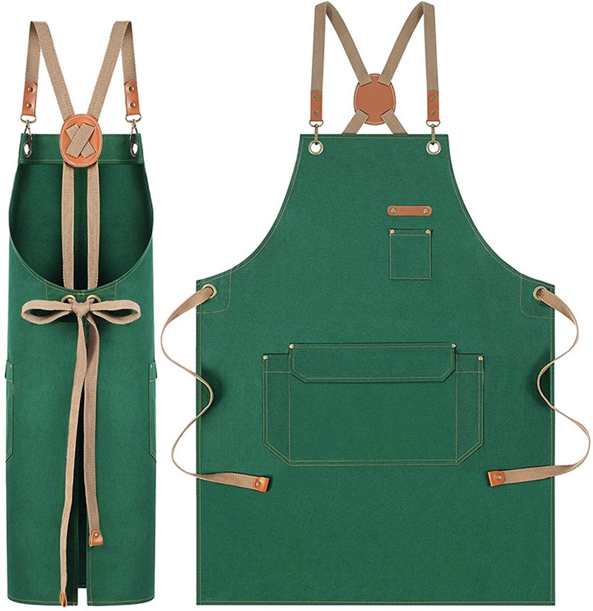 Donkergroene canvas kappersschort met leren accenten en kruisbanden op de rug, meerdere opbergvakken voor salon barista en ambachtelijk werk