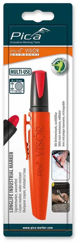 Oranje Pica VISOR permanente marker met rode dop en clip. Beschrijving 'LONG LIFE INDUSTRIAL MARKER'.