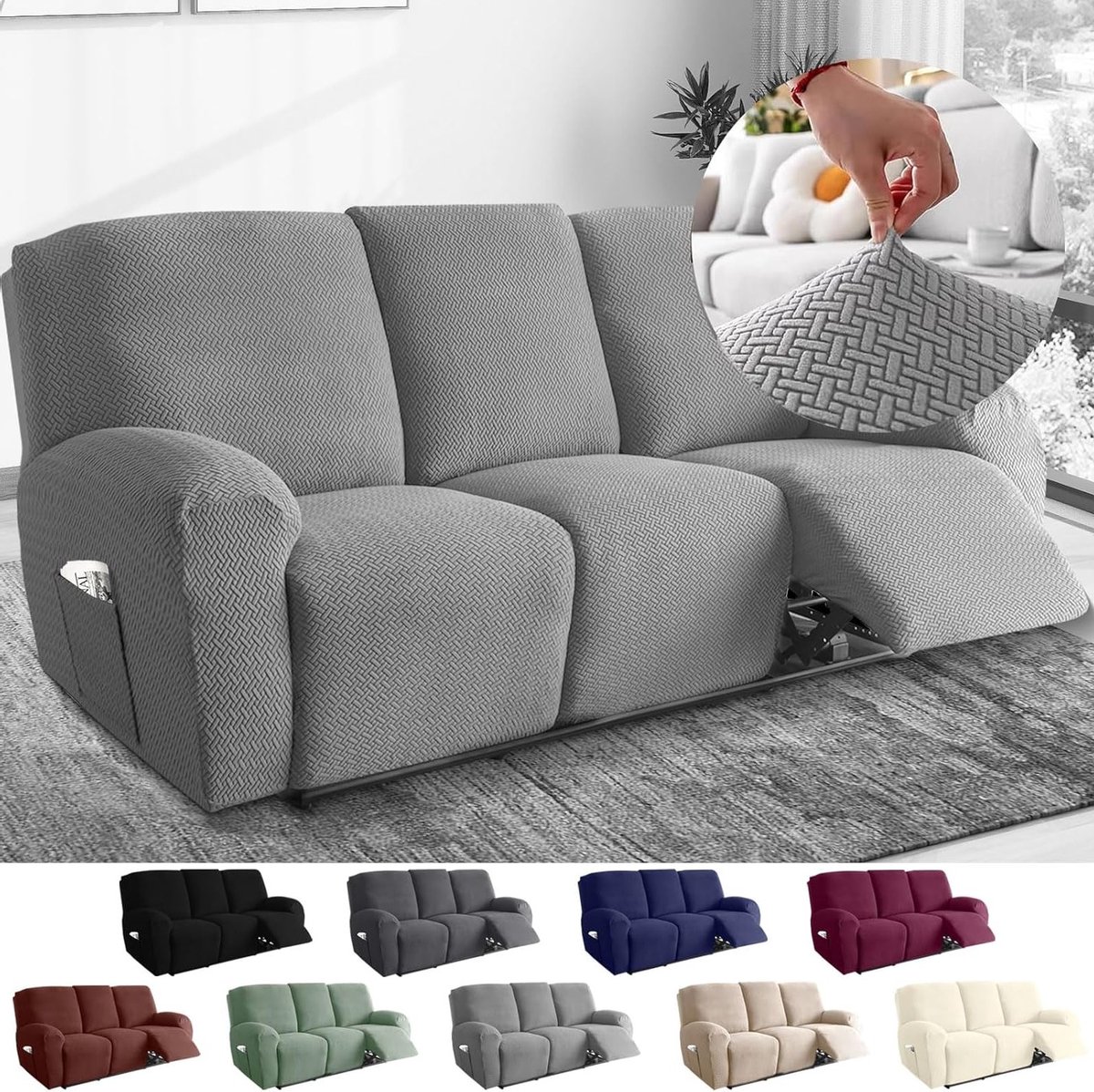 Stretch Stoelhoes voor 3-zitsbank, Jacquard Bescherming met Zakjes, Inclusieve Gestreepte Hoes voor Relaxfauteuil en Televisie Stoel (Lichtgrijs, 8 Stuks)