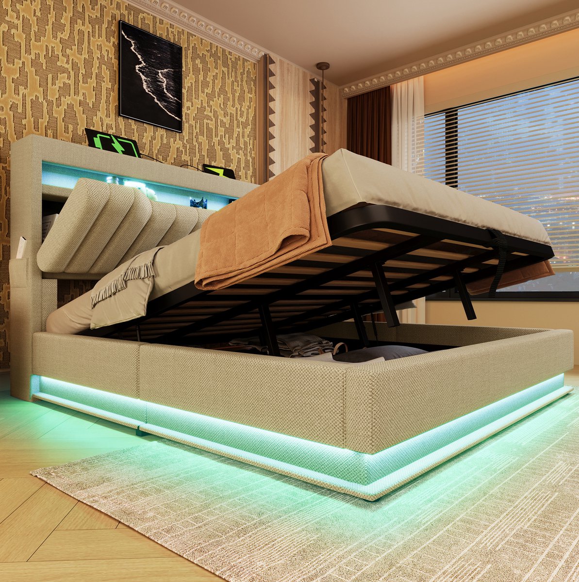 MEUNIQ tweepersoonsbed 160x200 cm met hydraulische opbergruimte, LED-verlichting aan hoofd- en voeteneinde, USB en Type-C, stoffen bedframe voor slaapkamer, beige