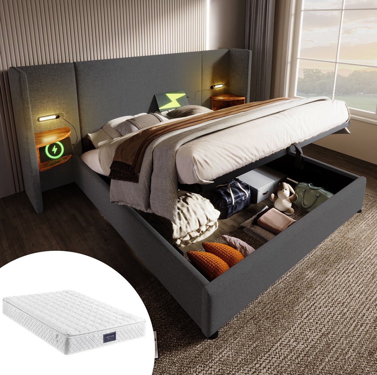 MEUNIQ tweepersoons opbergbed 160x200 met hoofdbord, leeslamp, USB en Type-C, bedframe met