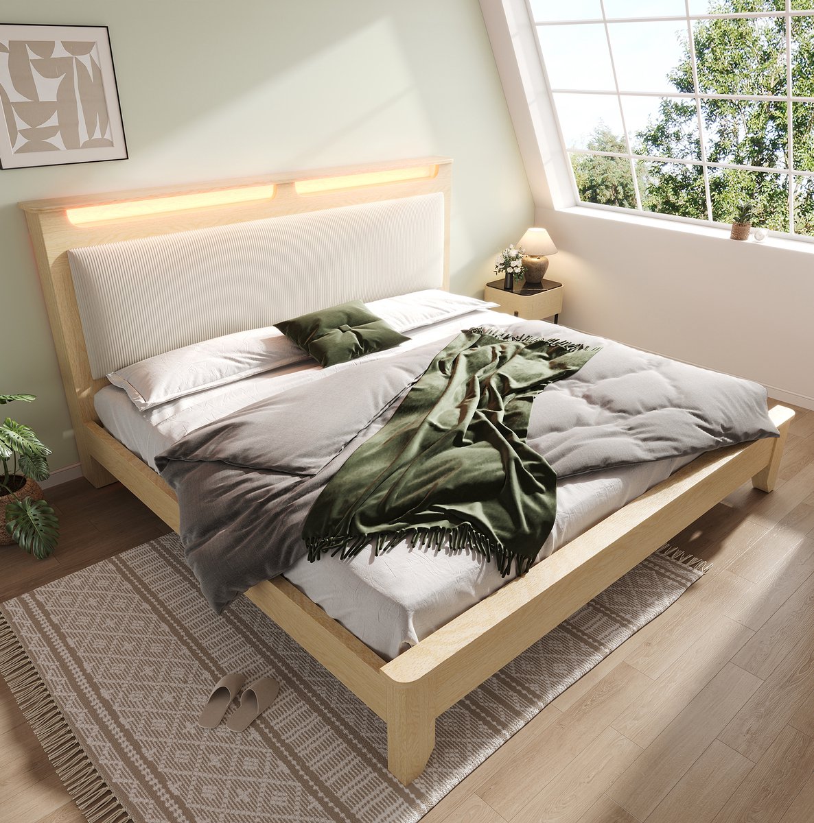 MEUNIQ tweepersoonsbed 160 x 200 cm met hoofdbord, opbergnis en LED-verlichting, lattenbodem en opbergruimte onder het bed, eikenkleur en beige