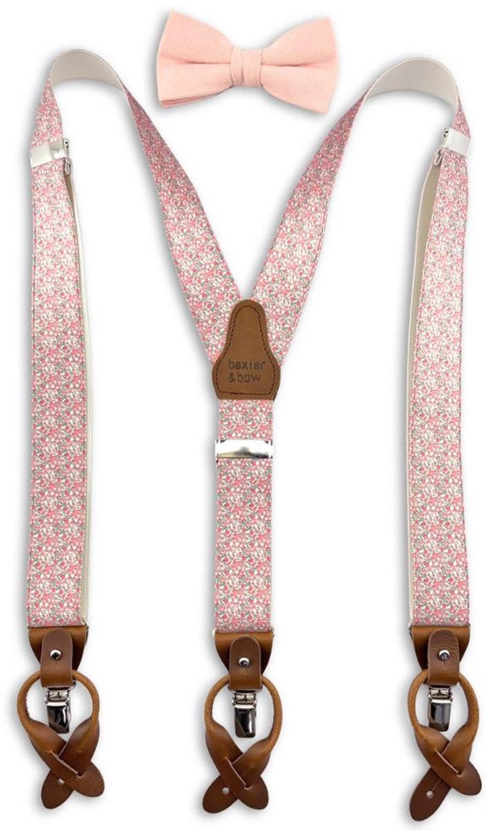Baxter & Bow Luxe Bretels Set Heren Pastel Pink – Luxe bretels met vlinderdas - roze / wit