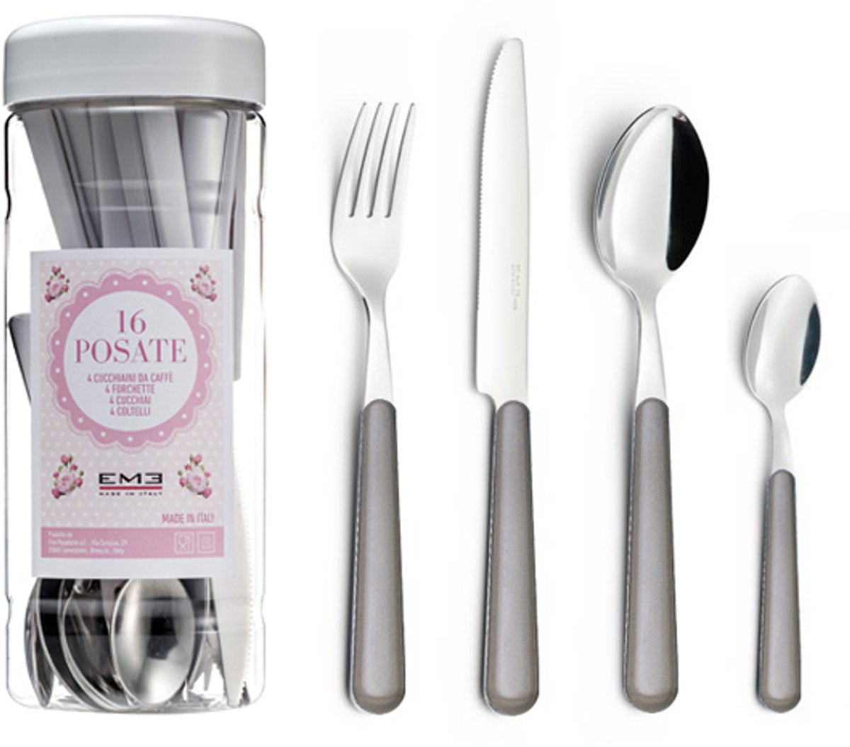EME Brio Bestekset voor 4 personen, 16-delig, Roestvrij staal met gekleurd handvat, Grey 403, Tube Box