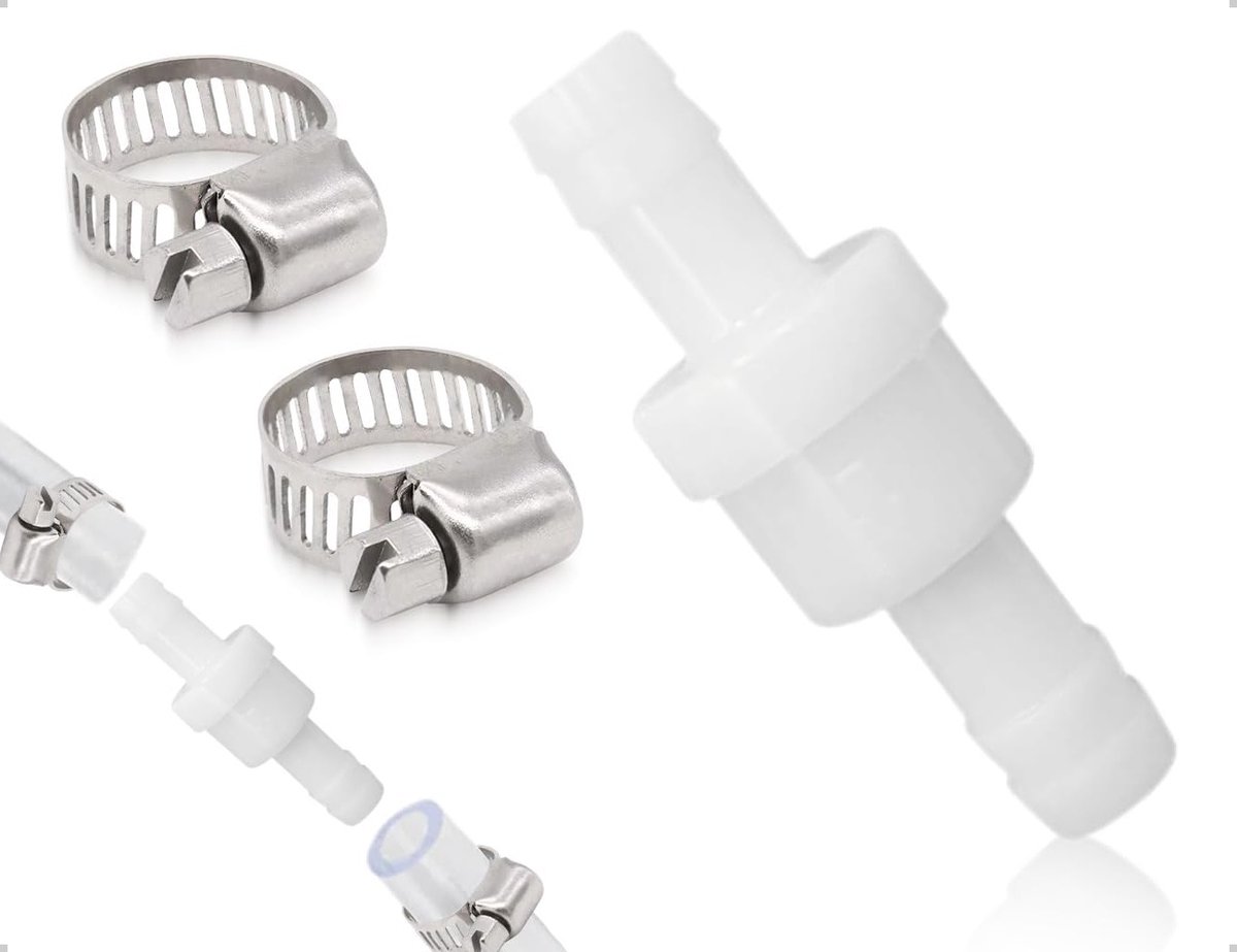 Plastic terugslagklep voor water, brandstof en gas - Eenrichtingsklep met klembanden (diameter 10mm) voor wasmachines en condensdrogers