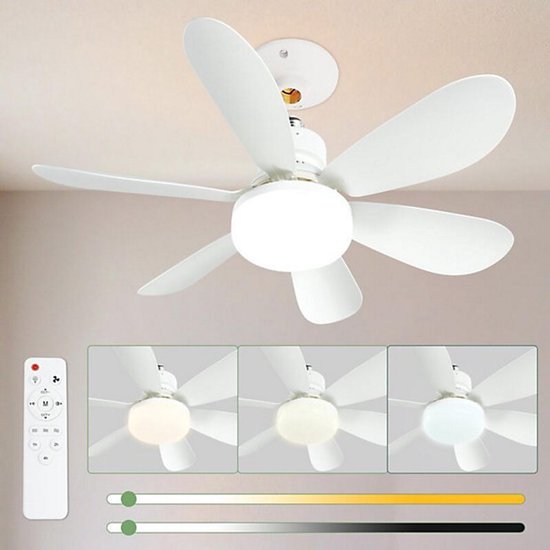 Plafonnier-ventilateur silencieux de 52 cm avec lumière et télécommande, plafonnier-ventilateur de 40 W avec prise E27, salon, 3 vitesses, 6 pales