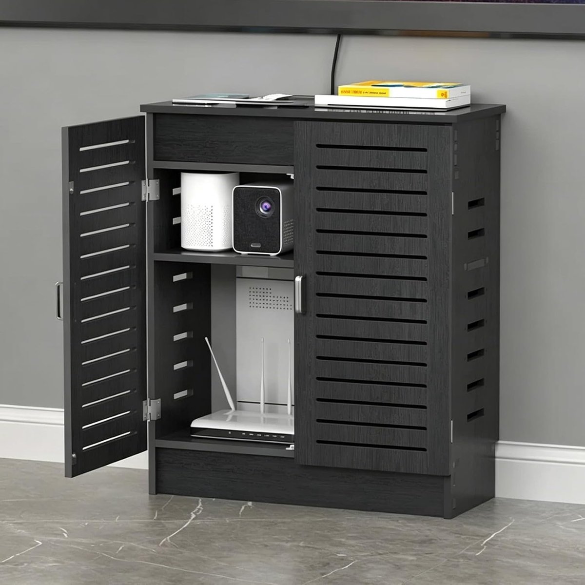 Router Opbergkast - Media Kast - Ruimte Organiseren - Verstelbare Planken - 50x80x25cm - Grijs