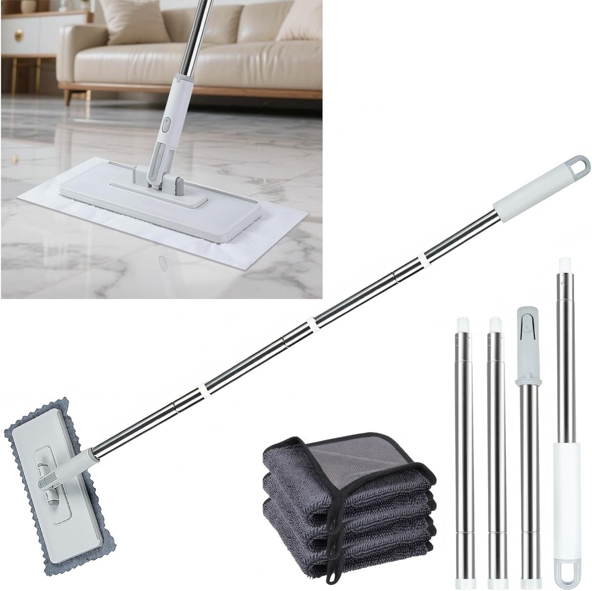 Stofmop met trekker - Mini-mop raamreiniger - Ramen reinigen - 360 graden draaibaar - 123 cm uittrekbaar - Wit