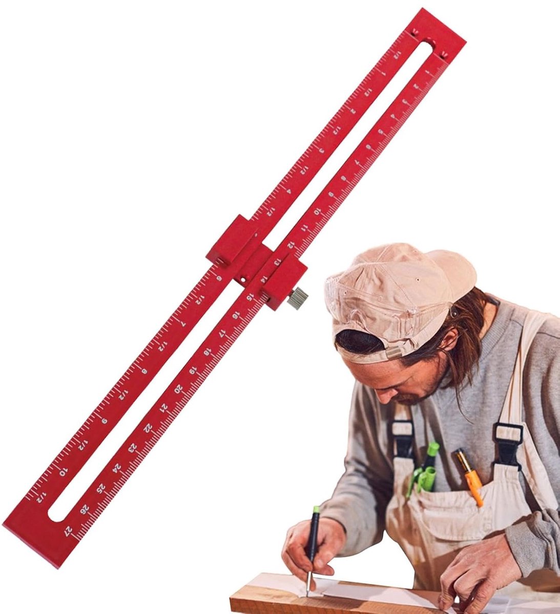 Houtbewerkingsliniaal - T-vierkante liniaal - Nauwkeurig Tekenen - Verstelbare Cirkels - 300 mm - Aluminium