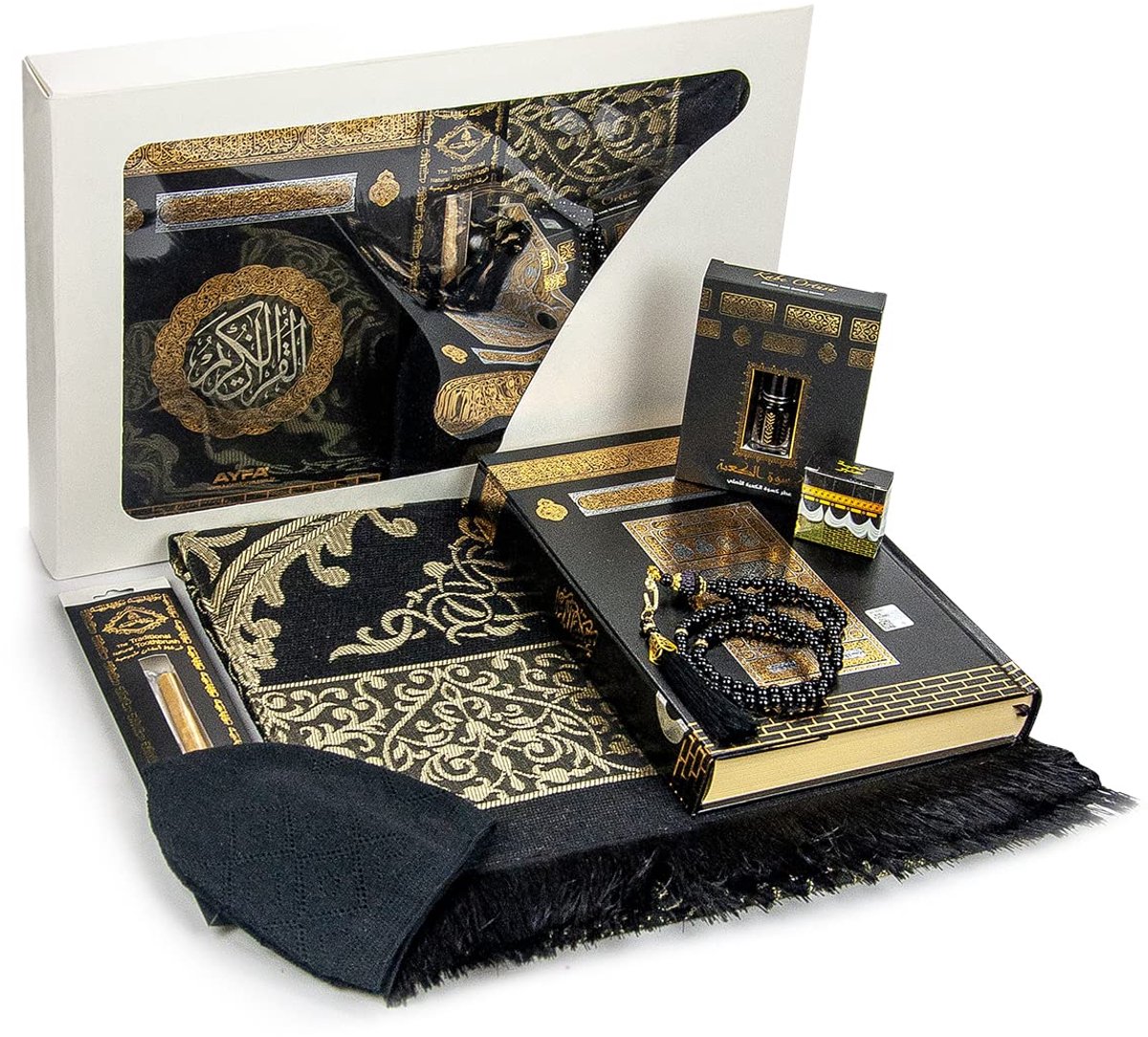 SnelShoppen - Luxe islamitische gebedsgeschenkdoos met Koran, Gebedskralen Tesbih, Gebedskleed, Miswak Stick, Vaste Geur, Kufi Hoeden & Hacerul Esved