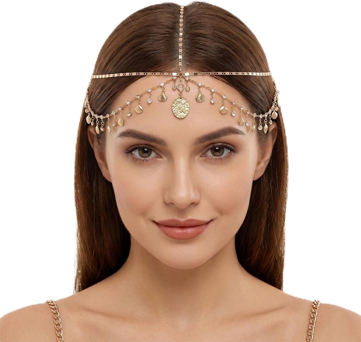 Hoofdketting met strass-schelpen en kwastjes in goud voor boho festivals en kostuums, stijlvolle accessoires voor dames en meisjes