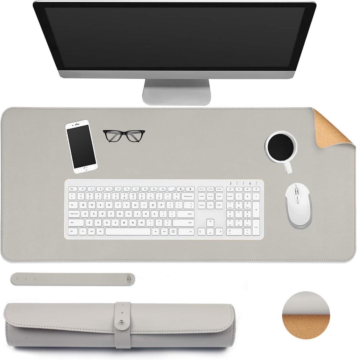 SnelShoppen - Desk Mat 70 x 30 cm, Dubbelzijdig, Cork Leather, Grote Non-Slip Waterproof Muismat, Schrijfpad voor Thuiswerk (Grijs)
