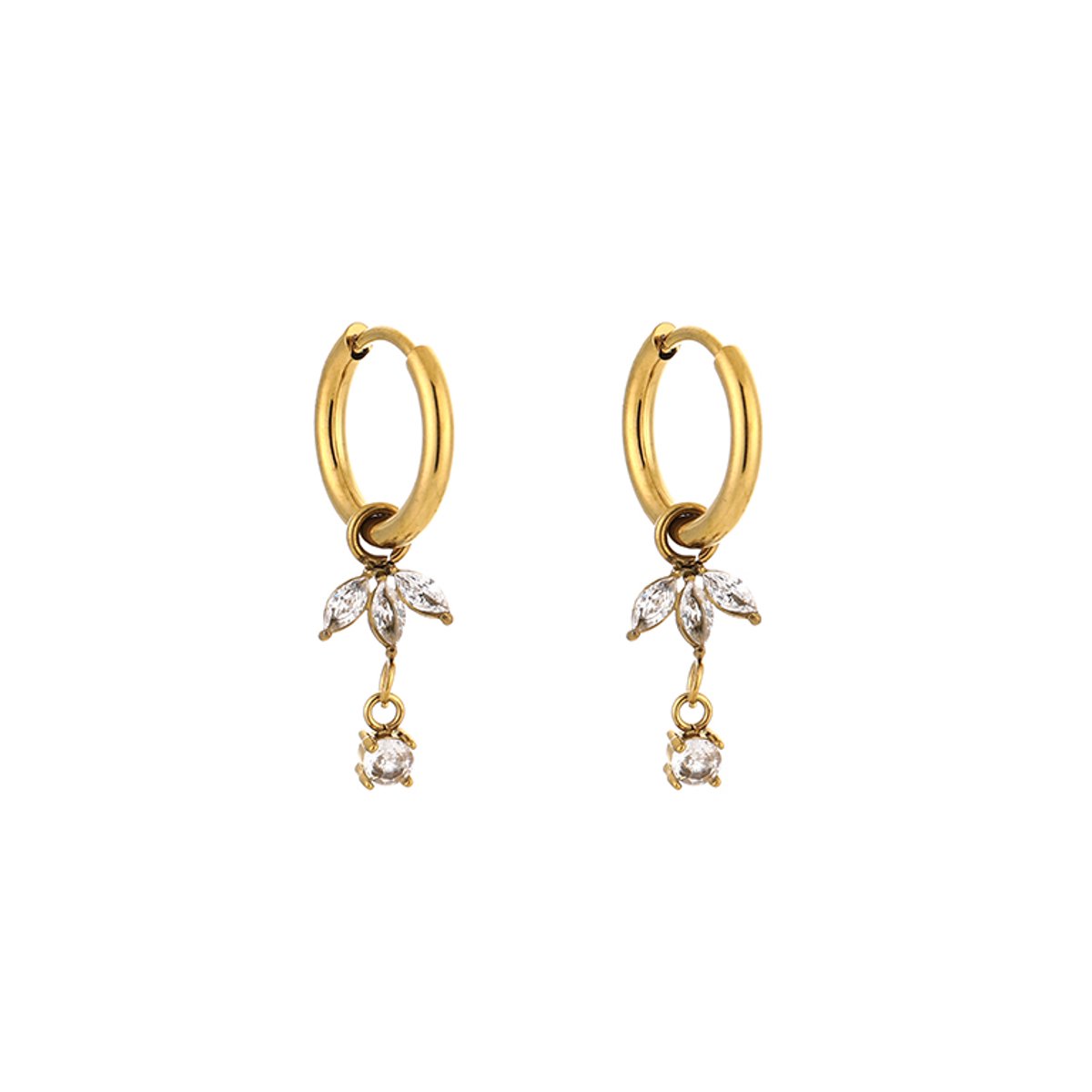 Stainless Steel Marquise Lotus & Hangende Zirkonia Bedel Oorringen – Luxe Multi-Charm Hoops – RVS - Goud