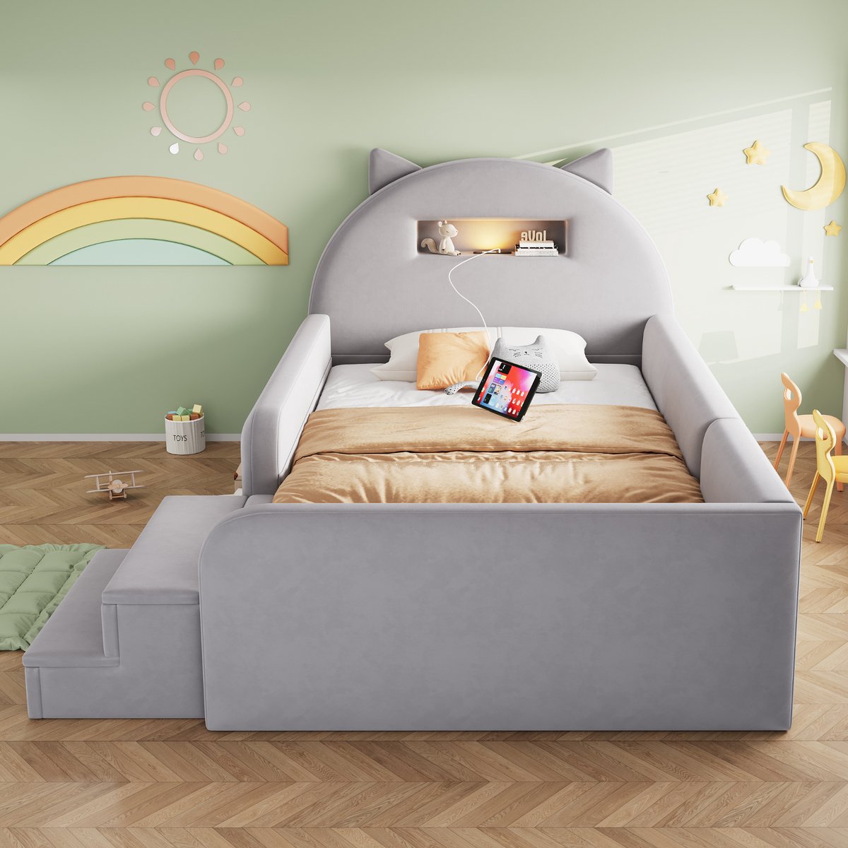 Kinderbed 90x200 cm - hoofdeinde in oorvorm - met nachtlampje en USB-aansluiting - voetbord en opbergruimte - lichtgrijs - zonder matras