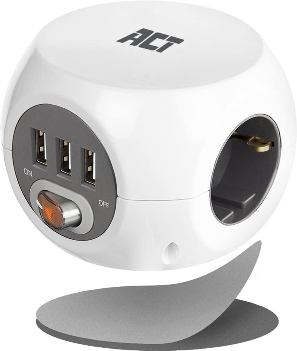 SnelShoppen - Stekkerdoos met USB A, Powercube met 3x USB (2,4A), 3 Stopcontacten, Schakelaar, 3m Kabellengte, Kleefpad voor Keuken, Kantoor, Woonkame
