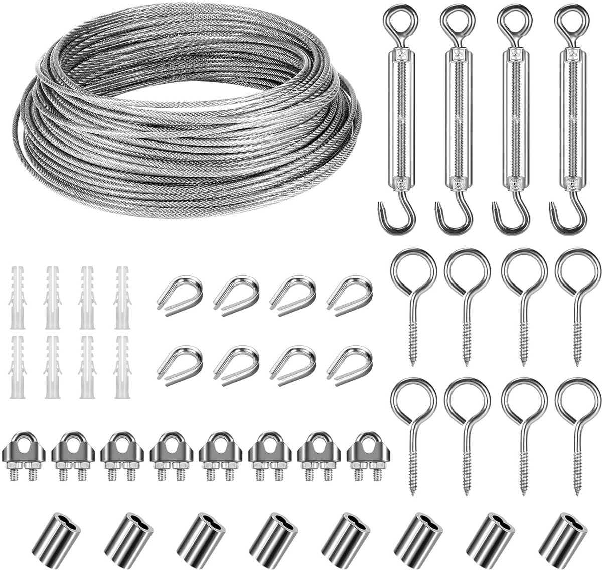 SnelShoppen - Wire Rope 3mm RVS 30m Staal Kabel Set met Oogjes, Spanning Draad, Kabel Spanner voor Gordijnen, Kledinglijnen, Klimplanten