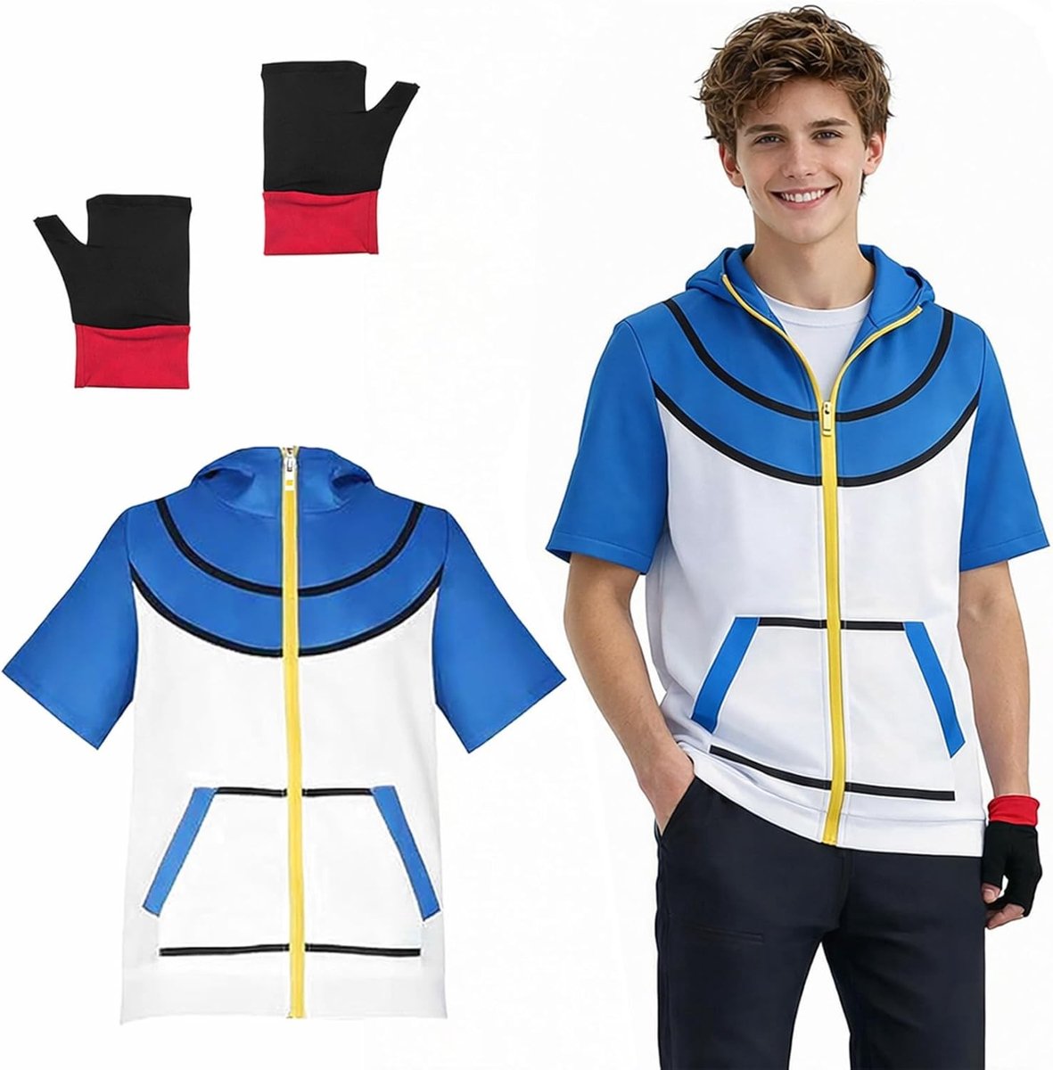 Cosplay Kostuum Set met Lichtblauwe en Witte Hoodie, Inclusief Handschoenen, Ideaal voor Conventies, Carnavals en Themapartijen, Ademend Polyester voor Volwassenen