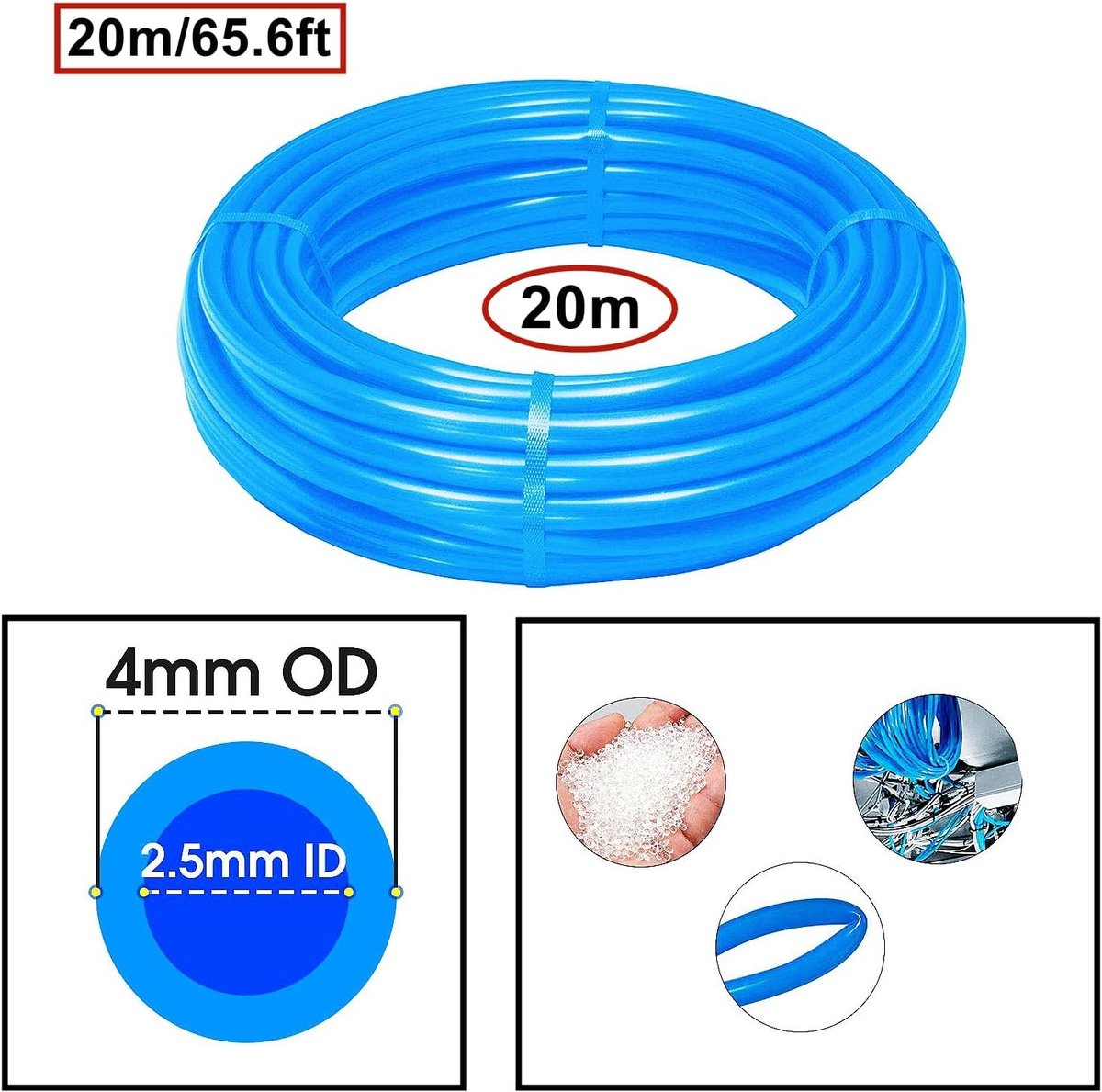 Pneumatische PU-slang 20 m - Flexibele geperste lucht slang, 4 mm buiten, 2,5 mm binnen, blauw, ideaal voor luchtcompressoren en gereedschappen