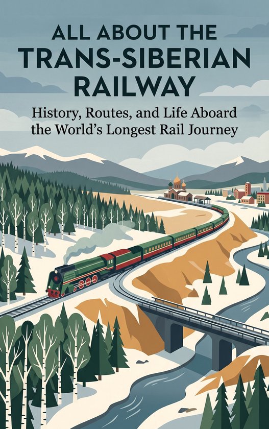 Page de titre 'All About the Trans-Siberian Railway' avec une illustration d'un train à vapeur dans la neige.