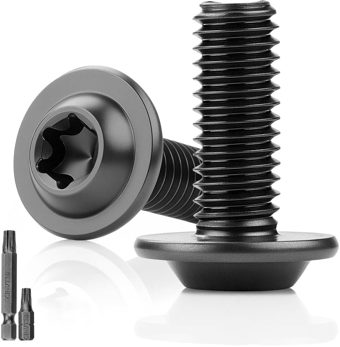 Set van 25 Zwarte M6 x 16 mm Platte Hoofdschroeven met Flens en Torx, RVS A2 V2A Volledige Draad met Wasmachine voor Bouwprojecten en Meubelmontage